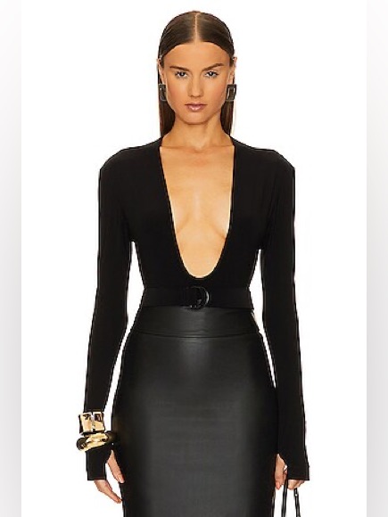 Norma Kamali Long Sleeve Deep U Neck Bodysuit Black Size S/36 Nwt
